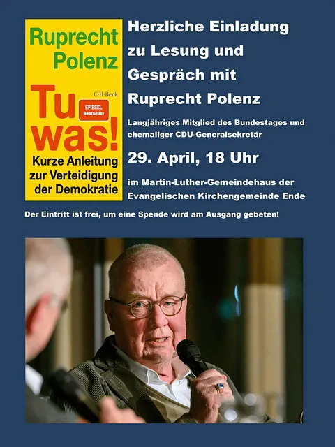 Plakat zur Lesung mit Ruprecht Polenz am 29.04.2026 um 18 Uhr. Das Thema ist "Tu was! Kurze Anleitung zur Verteidigung der Demokratie"