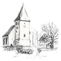 Bleistiftzeichnung der Ender Dorfkirche mit Blick auf den Kirchturm