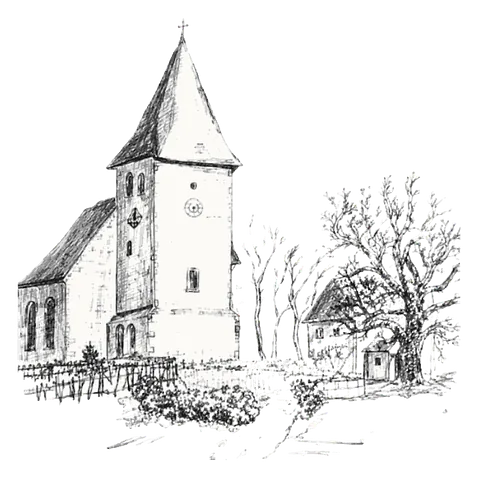 Bleistiftzeichnung der Ender Dorfkirche mit Blick auf den Kirchturm