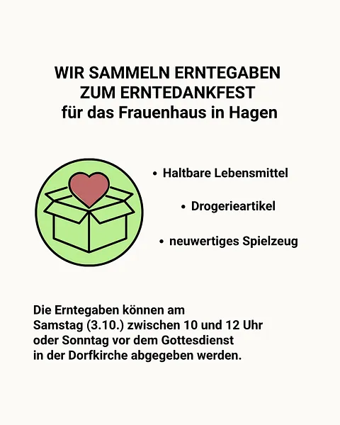 Infografik zur Sammlung von Ernetgaben. Dieses Jahr werden Spenden für das Frauenhaus in Hagen gesammelt. Gesammelt werden haltbare Lebensmittel, Drogerieartikel und neuwertiges Spielzeug.
