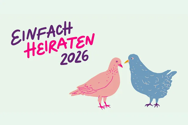 Illustration zweier Tauben und Text 'EINFACH HEIRATEN 2026'