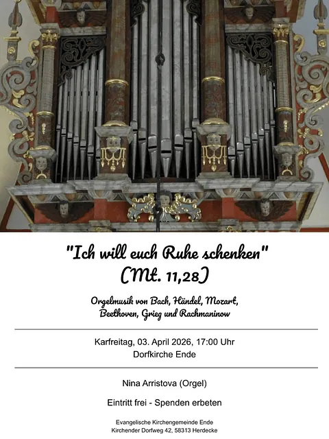 Plakat für das Orgelkonzert am Freitag, 03.04.2026, in der Dorfkirche
