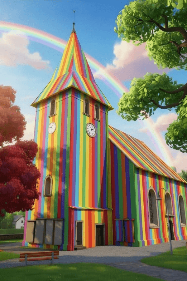 ne farbenfrohe Dorfkirche, deren gesamte Fassade und Turm in lebhaften, vertikalen Regenbogenstreifen bemalt sind. Sie steht zwischen Bäumen unter einem klaren Himmel, mit einem Regenbogen im Hintergrund.
